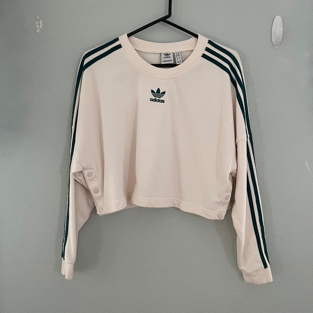 Adidas Cream & Green Crop Long Sleeve Crew Neck Top